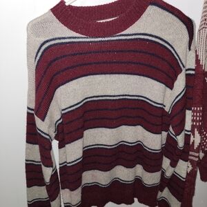 Classic Burgundy and Beige Striped Crewneck Sweater